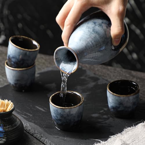 Leegg Black Grey Ceramic Sake Set with 1 Large Pot & 4 Cups - Elegant Tableware
