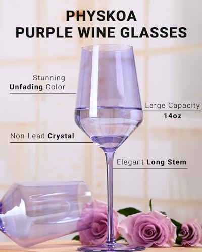 Physkoa Purple 15oz Hand-Blown Crystal Wine Glasses, Set of 6 Stemware
