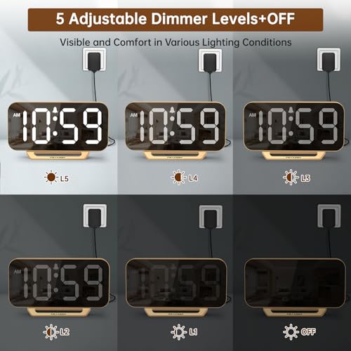 Digital Mirror LED Alarm Clock with 6 Dimmers & Battery Backup - Gold