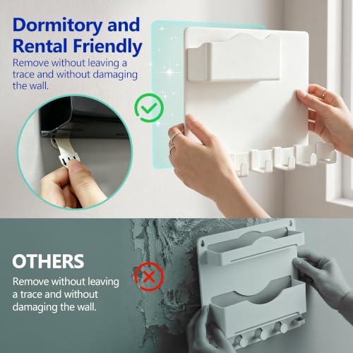 Adhesive Bedside Wall Shelf with Cup Holder and Hooks for Dorm Room