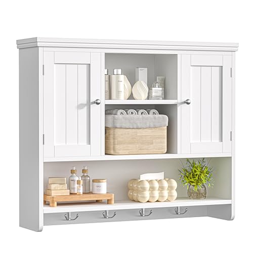 3-Tier Wall Mounted Bathroom Cabinet with Doors and Hooks, White Storage Shelf
