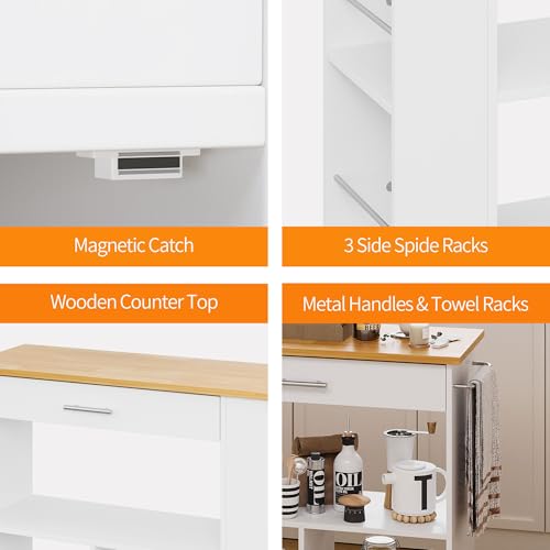 Shintenchi Kitchen Island on Wheels with Storage, Wheeled Island & Cart with 3-Tier Spice Rack, 3 Open Shelves and 1 Drawer, White