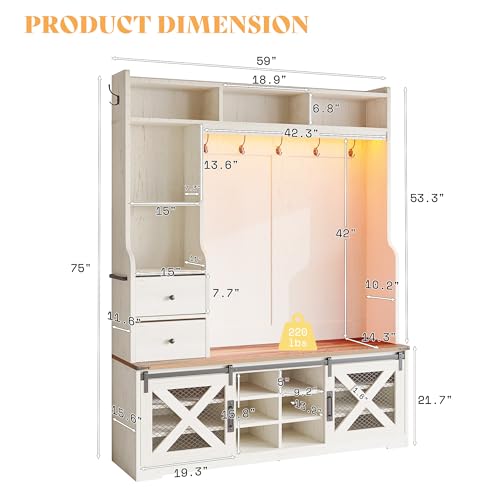 75-Inch Farmhouse Hall Tree with Shoe Bench, LED Lights & Storage Cabinets