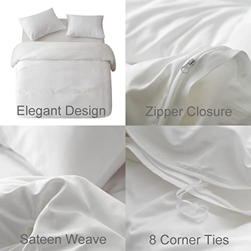 Egyptian Cotton Duvet Cover Set - Queen Size Sateen Bedding, White (3-Piece)