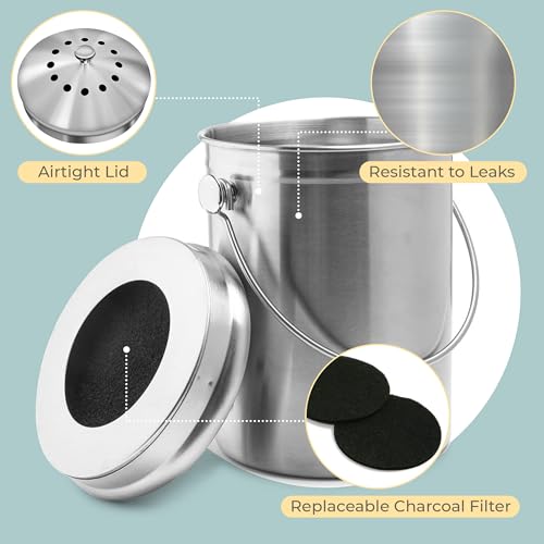 Stainless Steel Kitchen Compost Bin 1.3 Gallon with Charcoal Filter