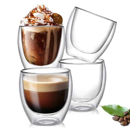 8oz Set of 4 Double Walled Borosilicate Glass Coffee Mugs - Insulated Hot Beverage Cups