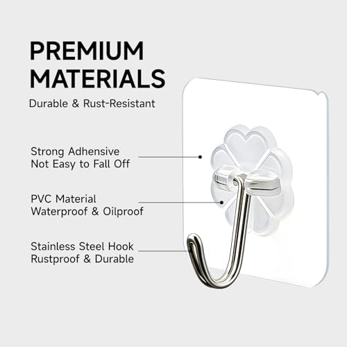 16-Pack Heavy Duty Adhesive Hooks, Clear Damage-Free Wall Hooks for Hanging