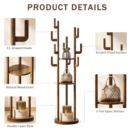 Rotating Solid Wood Coat Rack with 9 Hooks and 3 Storage Shelves