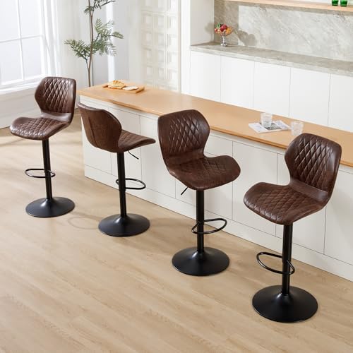 Set of 4 Swivel Bar Stools, Adjustable Counter Height Kitchen Chairs, Brown