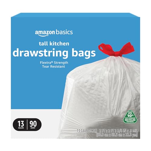 Amazon Basics 13-Gallon Tall Kitchen Drawstring Trash Bags, 90 Count