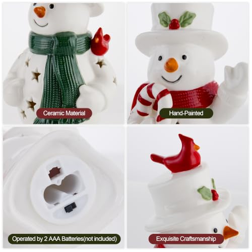 Christmas Snowman Figurines Set with LED Lights - White Ceramic, Red & Green Variation