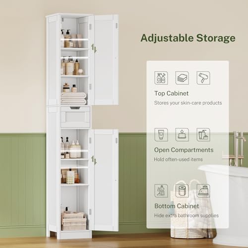 67-Inch Tall Narrow Bathroom Storage Cabinet with 6 Shelves and Drawer