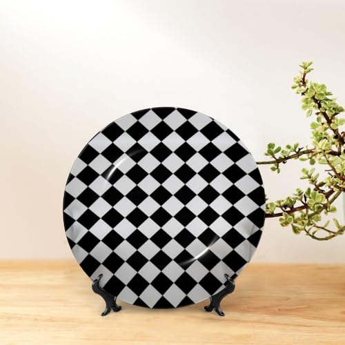 Checkered Bone China Decorative Plate with Stand, Modern Wall Art Decor