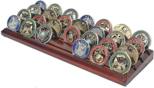 4-Row Wooden Challenge Coin Display Stand - Walnut Finish Rack for 28 Coins