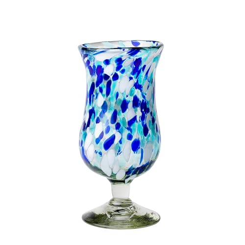 Bahia Hurricane Glass Set of 6 - Handblown Mexican Recycled Glassware with Blue & White Confetti