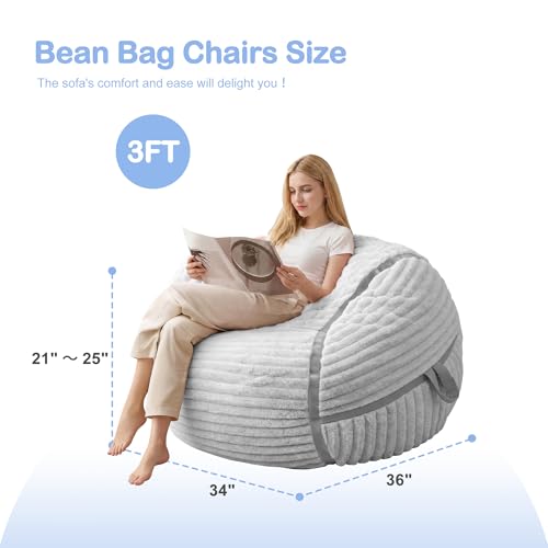 HABUTWAY 3FT Light Grey Corded Plush Adult Bean Bag Chair Lounger & Sofa
