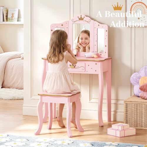 Kids Princess Vanity Table and Chair Set with Tri-Fold Mirror and Drawer