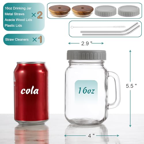 DRASTAR Clear 16 oz Mason Jar Coffee Cups Set of 2 with Handles & Lids