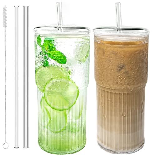 20oz Glass Tumbler Set with Lids and Straws - 2 Pack Borosilicate Cups