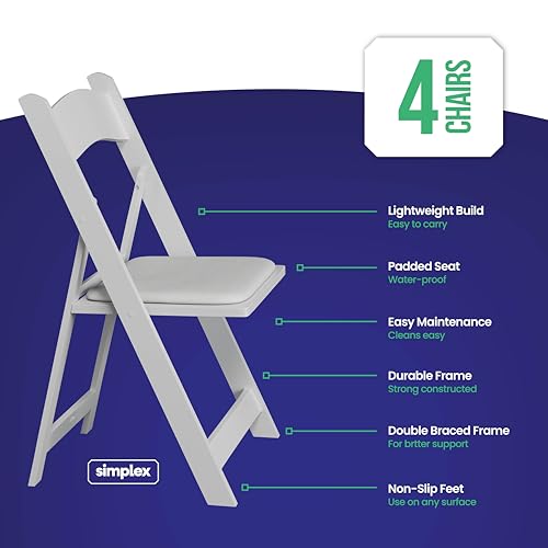 Heavy-Duty Resin Folding Chairs with Padded Vinyl Seats, White, 4 Pack