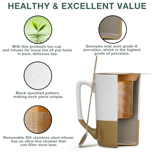 Gencywe Amber Large Tea Mug with Infuser, Lid & Spoon - 16oz Ceramic