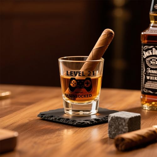 Ithmahco 21st Birthday Gift Set - Level 21 Unlocked Shot Glass & Wooden Box - Gaming Milestone Celebration - Variation: Transparent