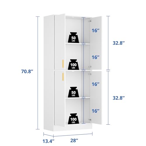 71-Inch Tall Kitchen Pantry Cabinet, 4-Door Freestanding Storage Cupboard