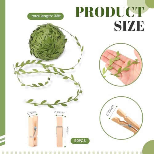 50 Mini Wooden Clothespins and 33ft Leaf Vine Ribbon for Photo Display