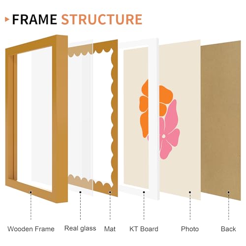8x10 Yellow Wooden Picture Frame with Wavy Mat & Real Glass for Wall & Tabletop