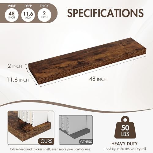 48-Inch Floating Shelves, 12-Inch Deep Wall-Mounted Rustic Wood Shelving