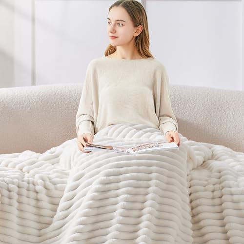 BEDELITE Ribbed Fleece Throw Blanket Cream 50"x60" Cozy Soft