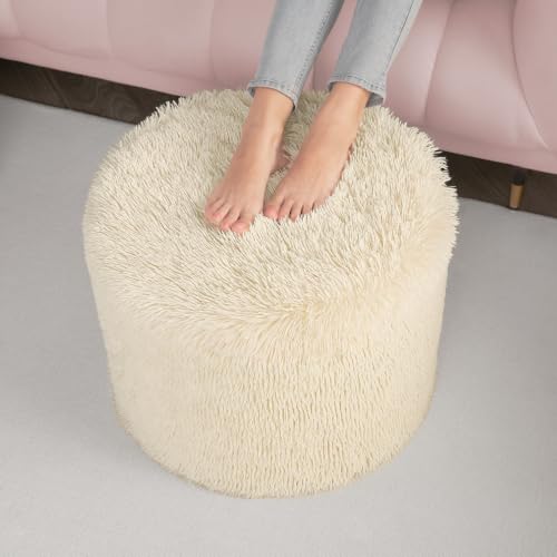 Round Faux Fur Pouf Ottoman, 17 x 14 Inch Firm Foot Rest, Beige