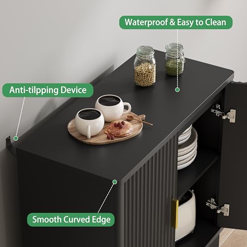 30-Inch Fluted Sideboard Buffet Cabinet with Adjustable Shelves, Black