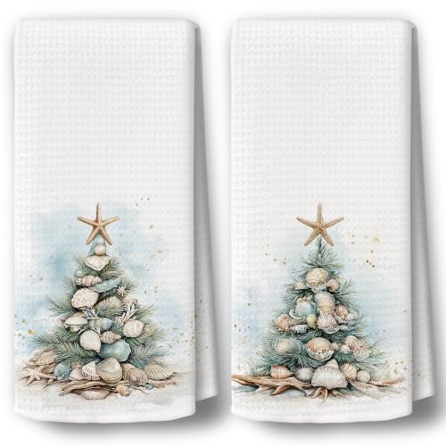 BCUANGD Christmas Shell Tree Blue Stripe Kitchen Towels - Variation 67, 16x24 inches
