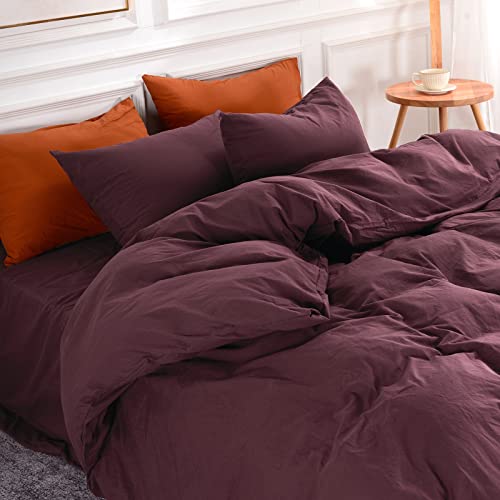 100% Washed Cotton Duvet Cover Set - Queen Size Burgundy 3-Piece Bedding