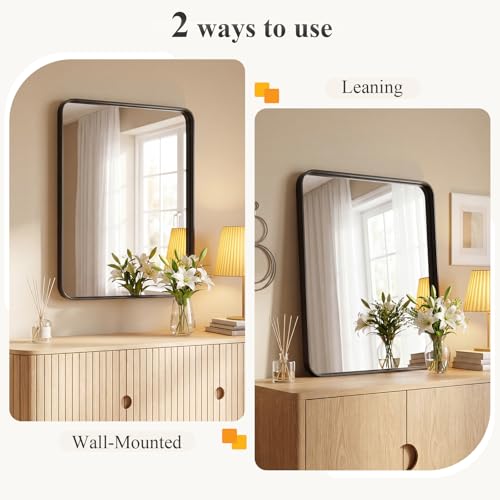 36x24 Inch Rounded Rectangle Bathroom Vanity Mirror, Metal Framed Wall Mirror