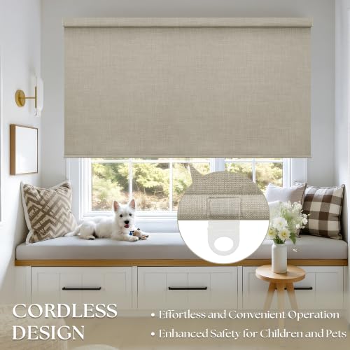 Cordless Blackout Roller Shades - 100% Linen, Free-Stop Design, 34" W x 72" H