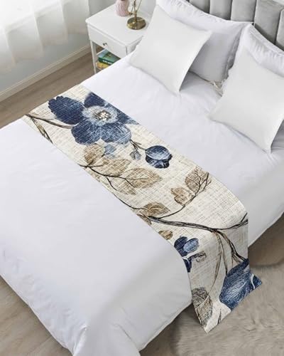 Cal King Bed Runner - Blue Gray Vintage Botanical Floral Satin Bed Scarf