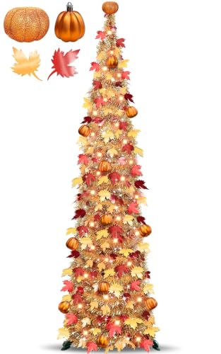 5FT Fall Tree with 50 Warm White Lights and Pumpkins - Battery Operated Halloween Decor