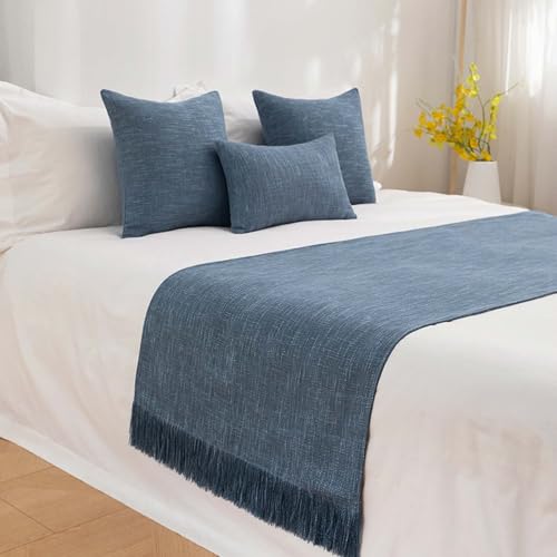 Cotton Linen Bed Runner Scarf with Tassels - Solid Color Hotel Bed Decor