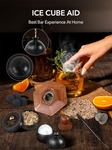 Whiskey Smoker Kit with Torch, 12 Wood Chips, Ice Ball Molds, Cocktail Infuser, Gifts for Men