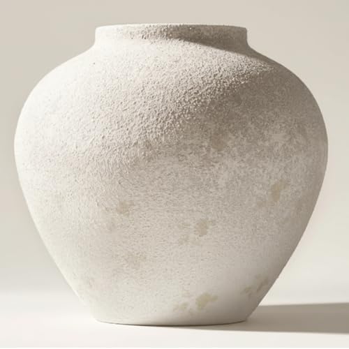 Rustic White Round Ceramic Vase - 11 Inch Textured Table Centerpiece Decor
