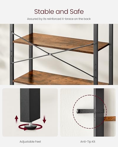 6-Tier Industrial Bookshelf with Steel Frame, Rustic Brown and Black