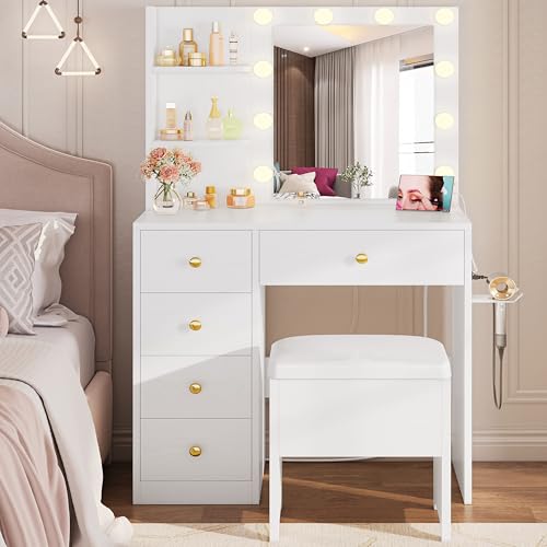 Vanity Desk with Mirror, Lights, and Stool - 5-Drawer Makeup Table, White