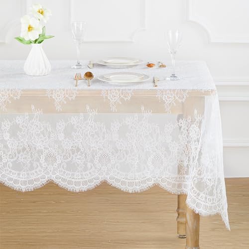 White Lace Tablecloth 5 Pieces 60x120 Inches Embroidered Floral Design