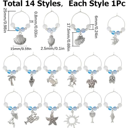 Summer Ocean Wine Charms Set with Upgraded Gift Box - 14 Silver Tone Drink Markers for Glasses, Party & Wedding Decor