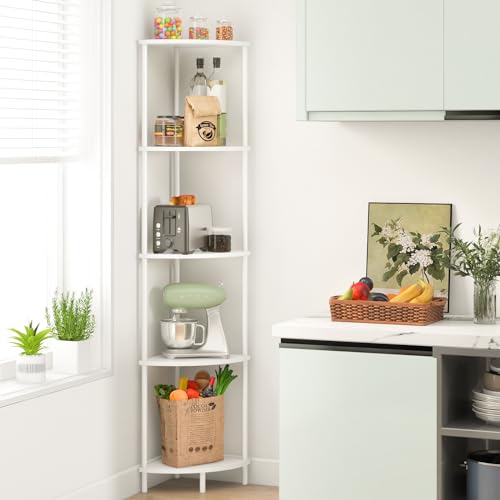 5-Tier Corner Bookshelf, 65-Inch Tall Wood and Steel Display Stand
