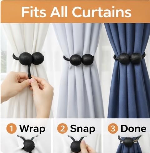 Magnetic Curtain Tiebacks - No-Drill Fabric Wrap Holdbacks, Set of 2