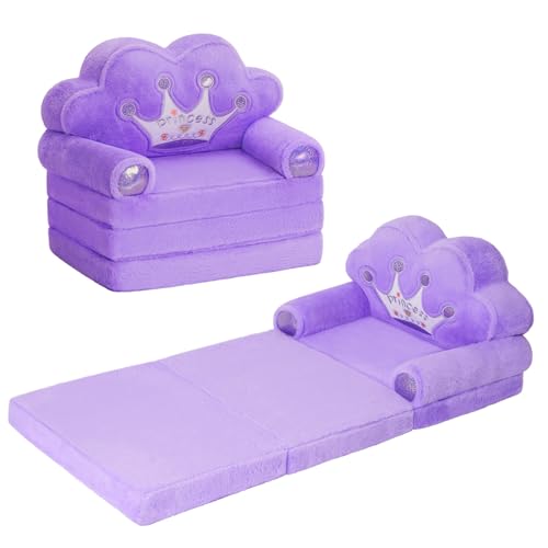 Foldable Toddler Flip Out Sofa Chair - Soft Plush Crown Kids Couch, Purple