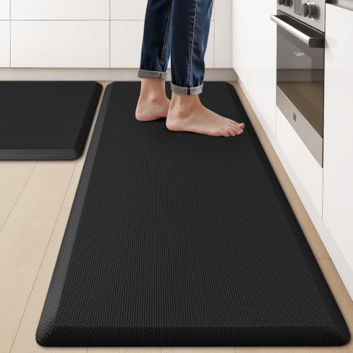 KitchenClouds 2-Pack Anti-Fatigue Kitchen Mats Black 17.3x29 & 17.3x47 Inches